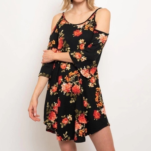 WOMEN'S COLD SHOULDER BLACK FLORAL TUNIC DRESS | SIZE S-M-L - Picture 2 of 3